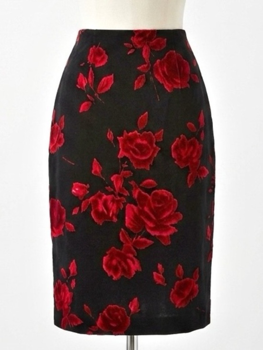 Talbots Black Velvet Red Roses Pencil Skirt Size 6